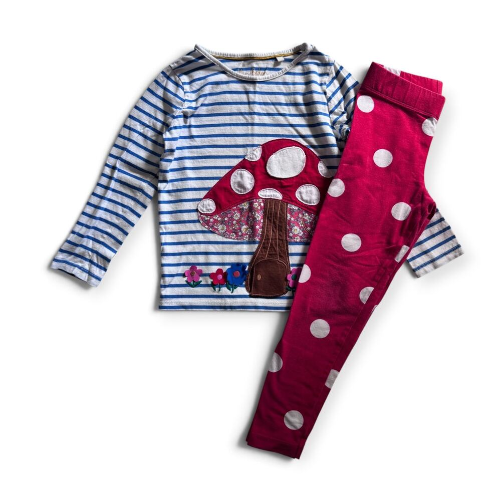 Mini Boden lift-the-flap toadstool shirt & red polkadot leggings